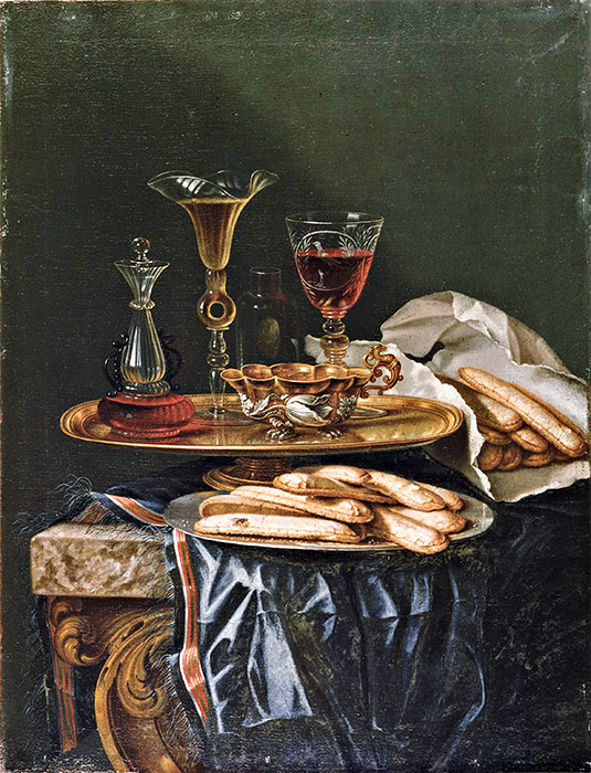 Anonimo — Munari Cristoforo - sec. XVII/ XVIII - Natura morta con alzata, vetri, piatto di biscotti su tavolo di marmo con tappeto — insieme
